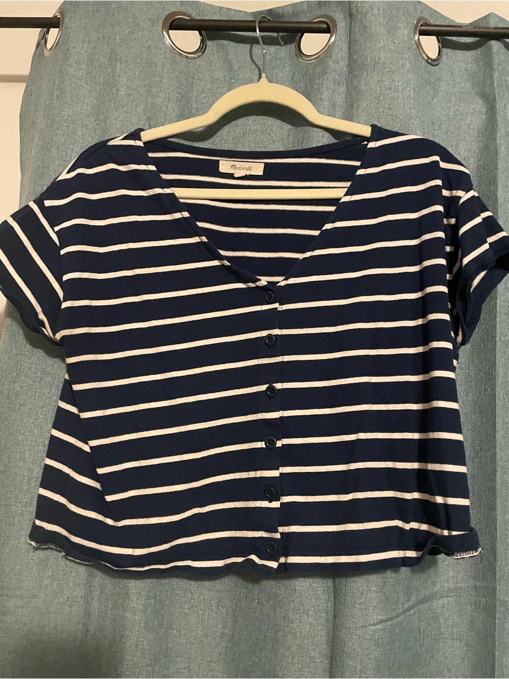 Madewell Navy & White Striped Button-Front Crop Top